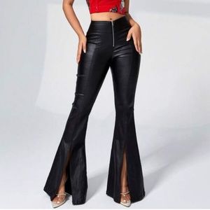 Black Faux Leather front Slip Flare Leggings Pants